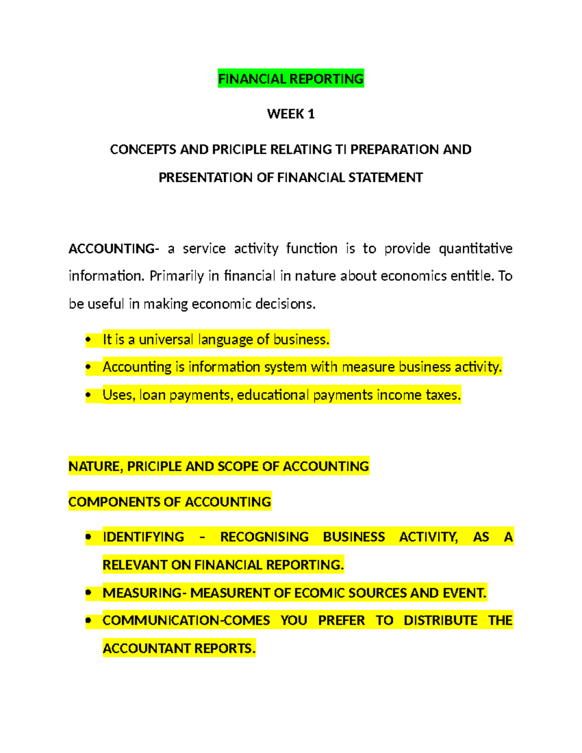 FIN 101: Week 1 Concepts & Principles of Financial Reporting - Studocu