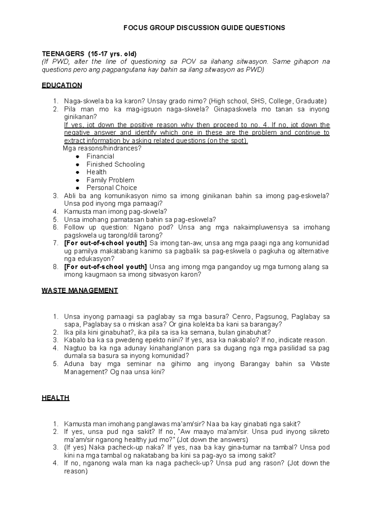 CWTS - Focus Group Discussion Guide for Teenagers and Community Issues ...