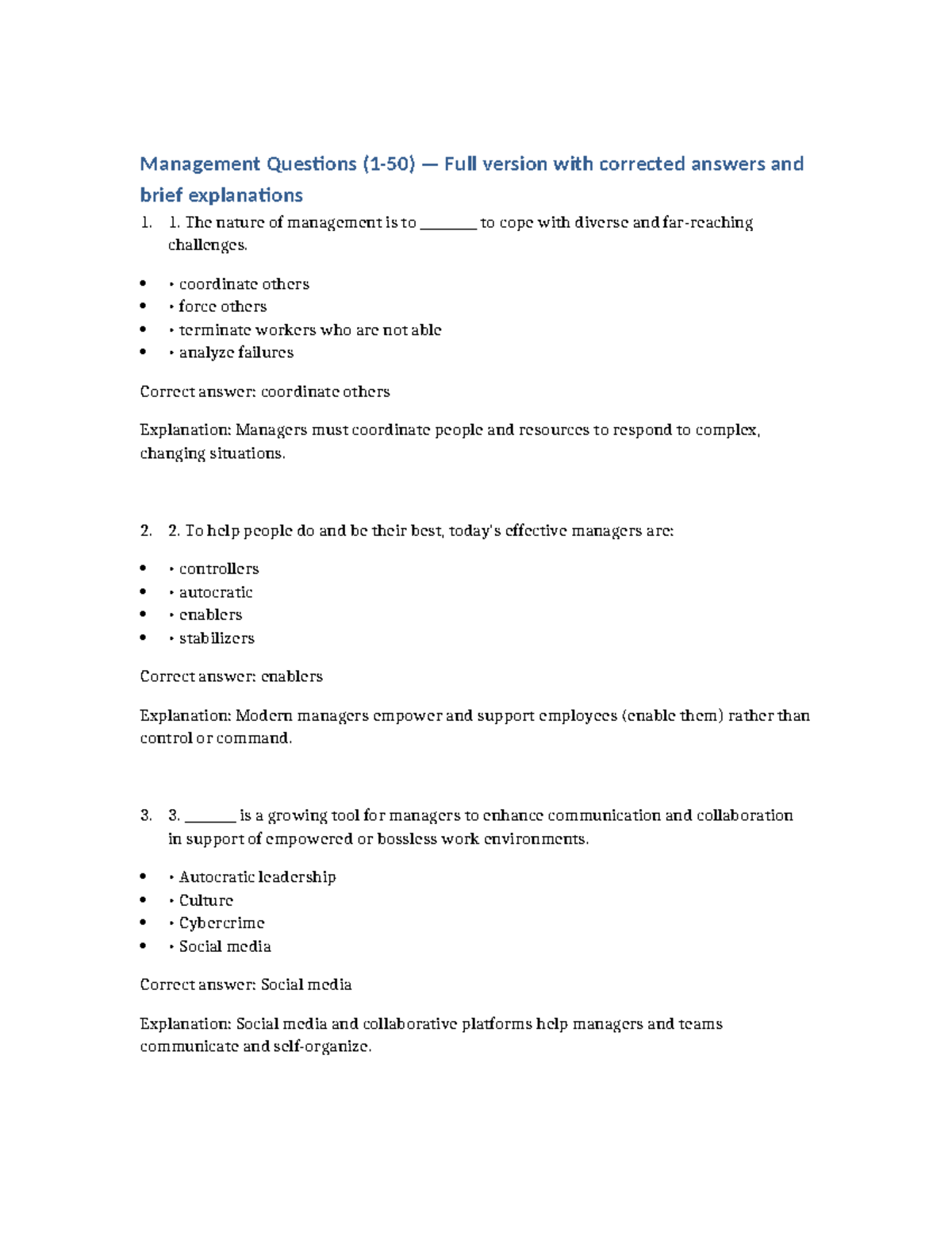 Management Questions (Course Code: MGT101) - Full Answers with ...