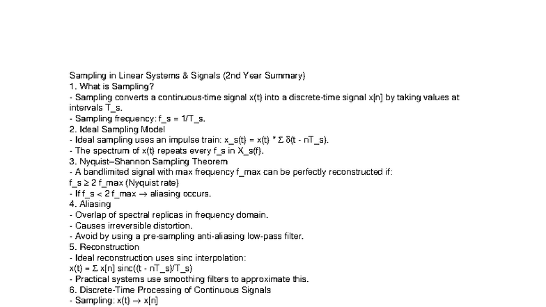 Sampling in Linear Systems Signals (2nd Year Summary) - Studocu