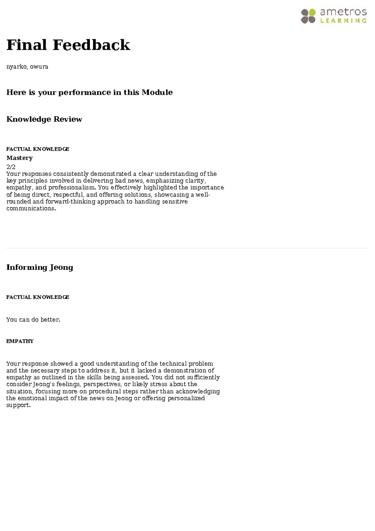 Final Feedback on Module Performance - Ametros Report - Studocu