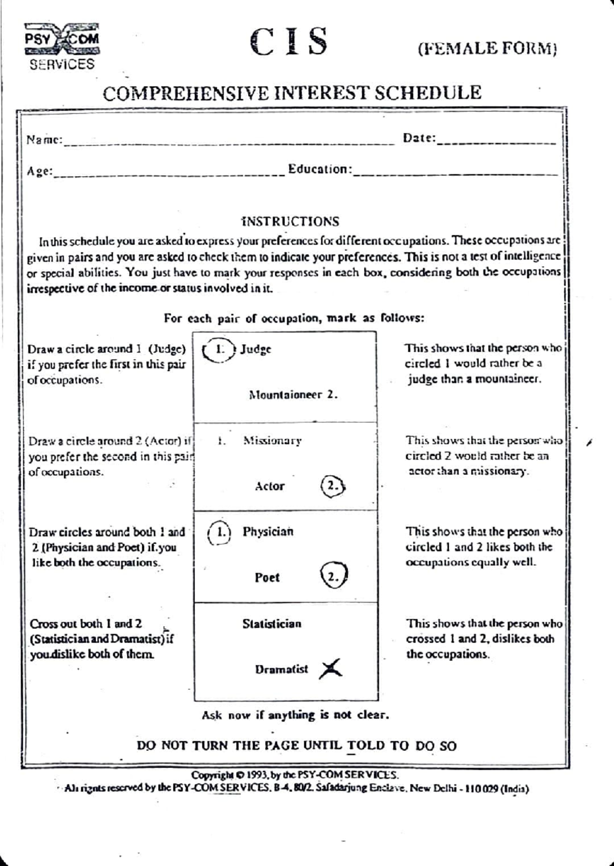 CIS Questionnaire: Interest Schedule for Career Preferences - Studocu