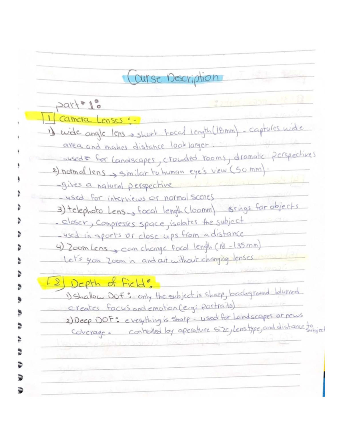 Camera Techniques (Course Code: YASSIN) Midterm Exam Notes - Studocu