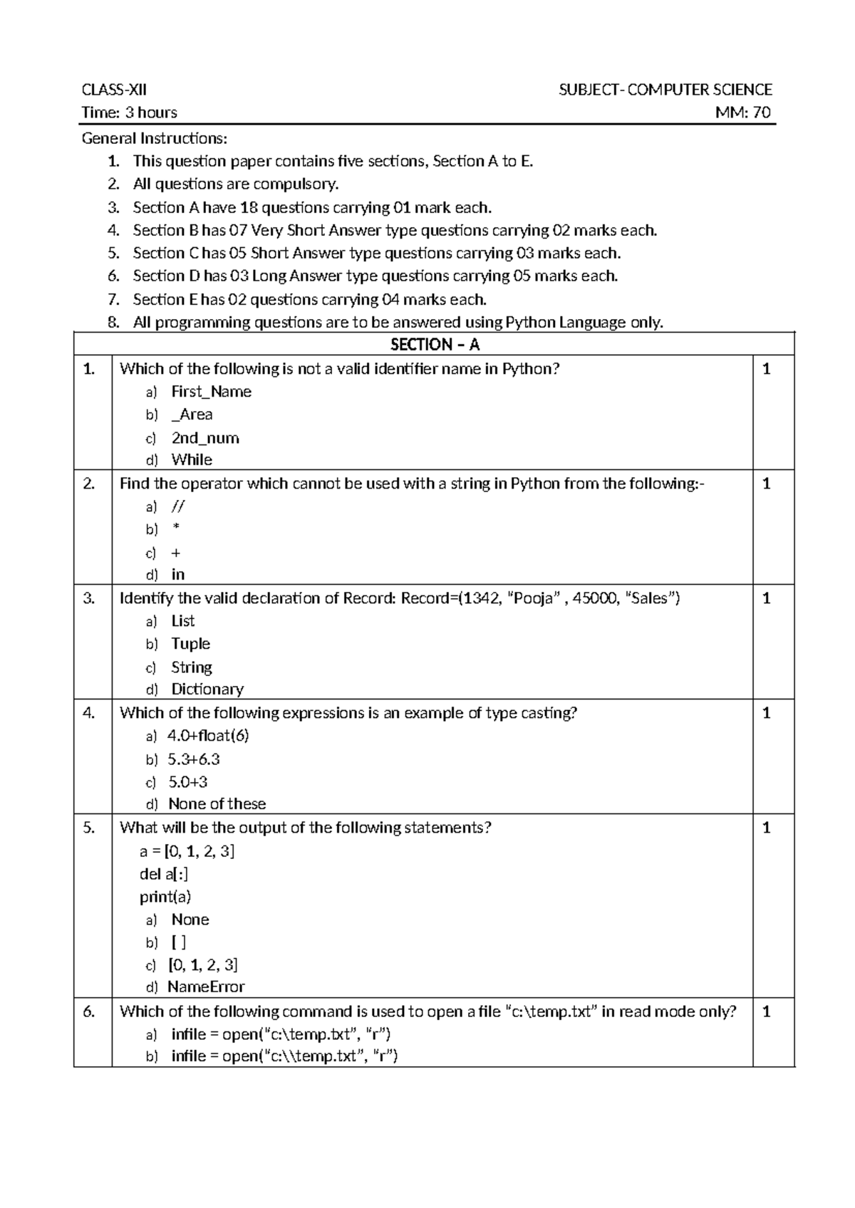 3rd Paper - v good - CLASS-XII SUBJECT- COMPUTER SCIENCE Time: 3 hours ...