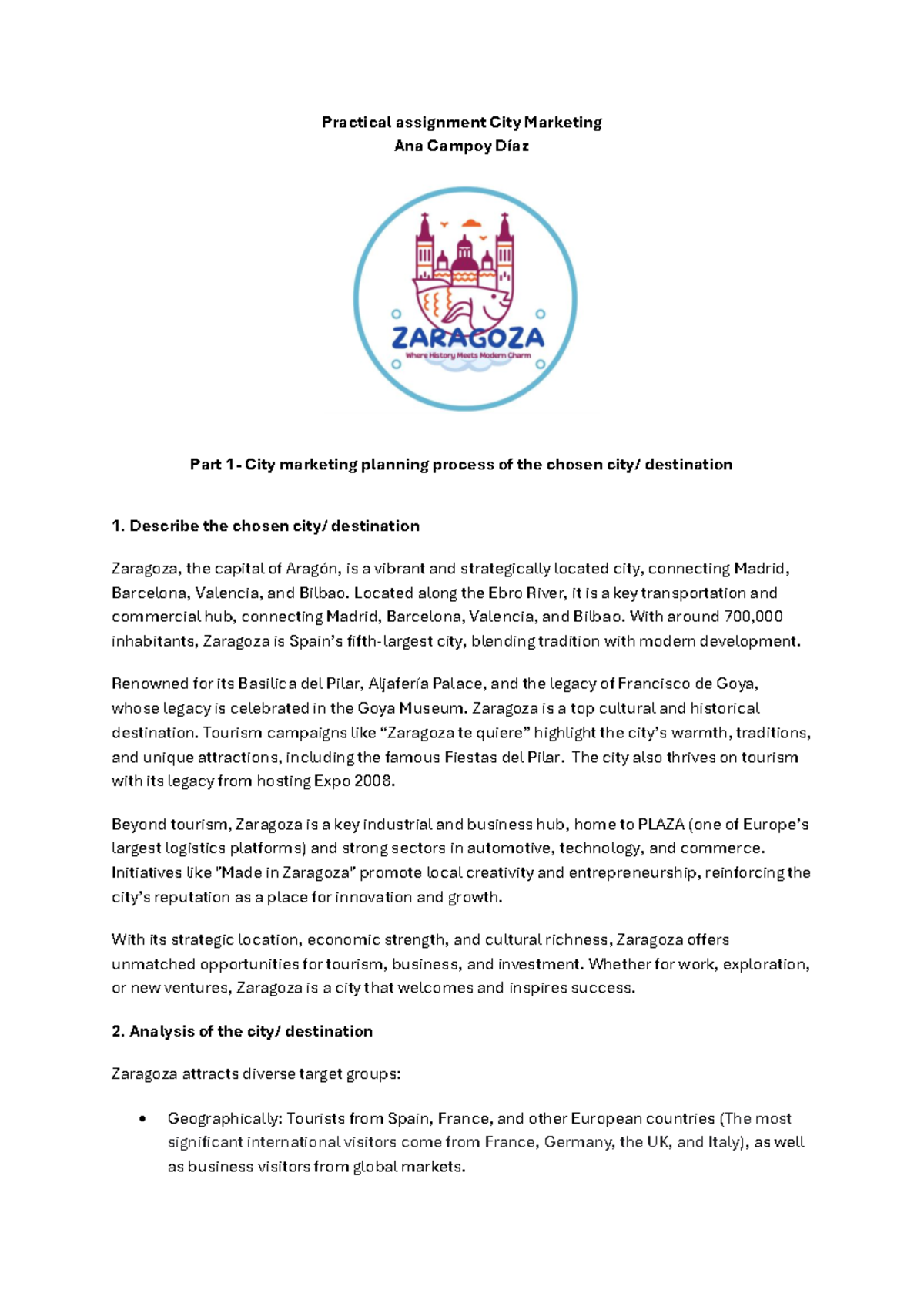 City Marketing Strategy & Analysis of Zaragoza: Practical Assignment ...