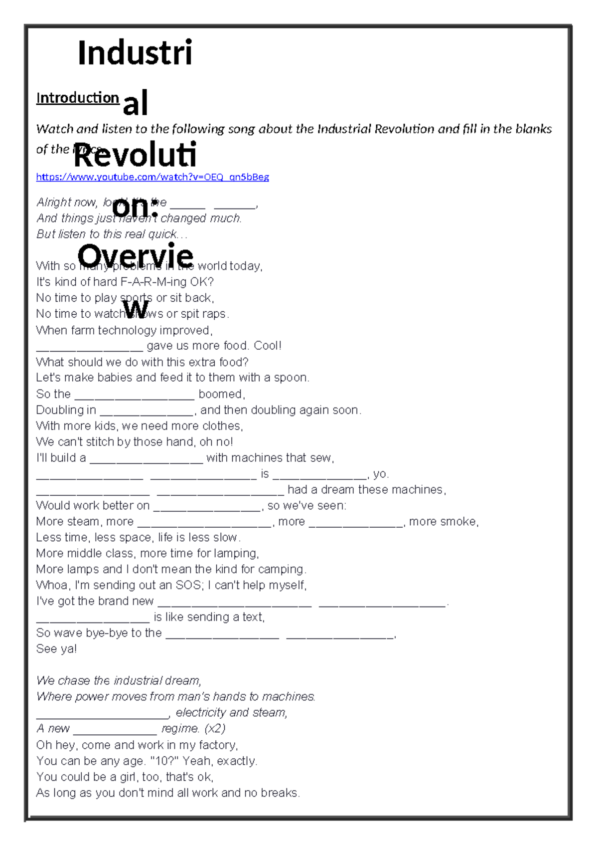 T1 W2 Industrial Revolution Overview Song & Analysis - Studocu
