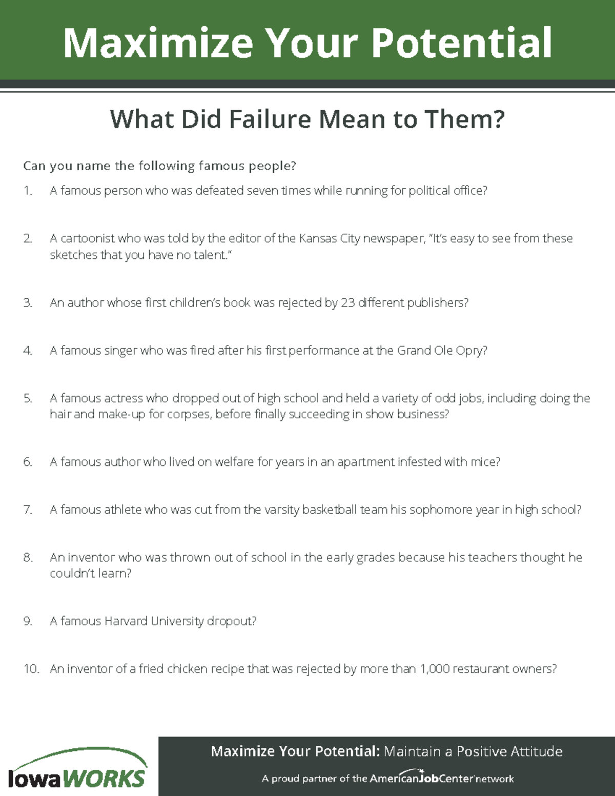 Positive Attitude - Failure handout-2 - Maximize Your Potential ...