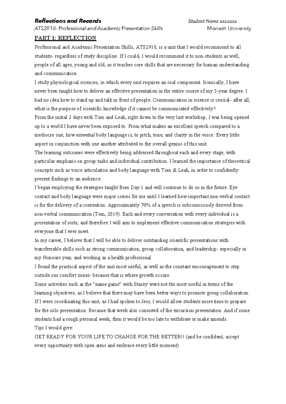 ATS2910 Reflection on Professional & Academic Presentation Skills - Studocu