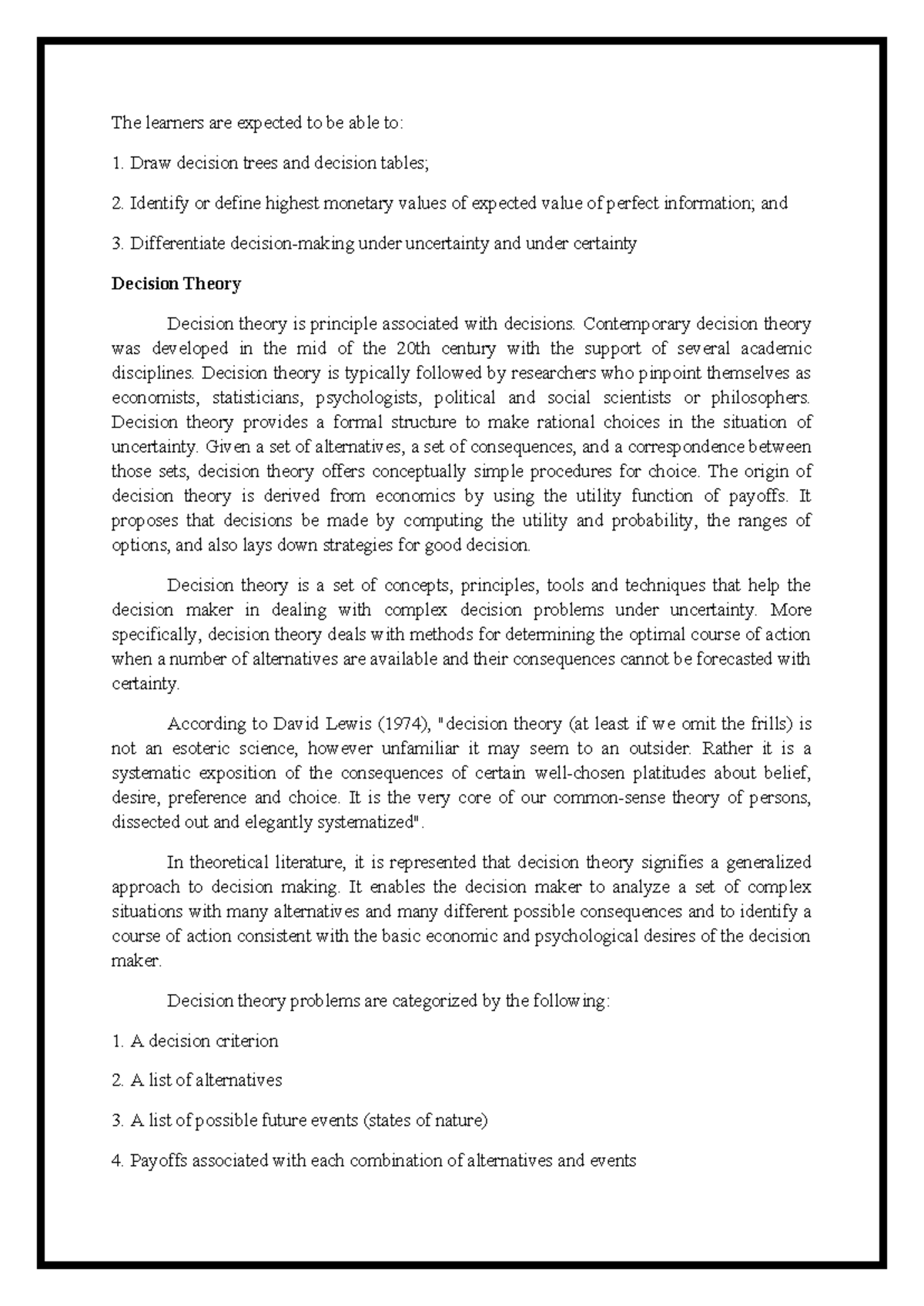 Decision Theory Overview: Concepts, Applications, and Techniques - Studocu