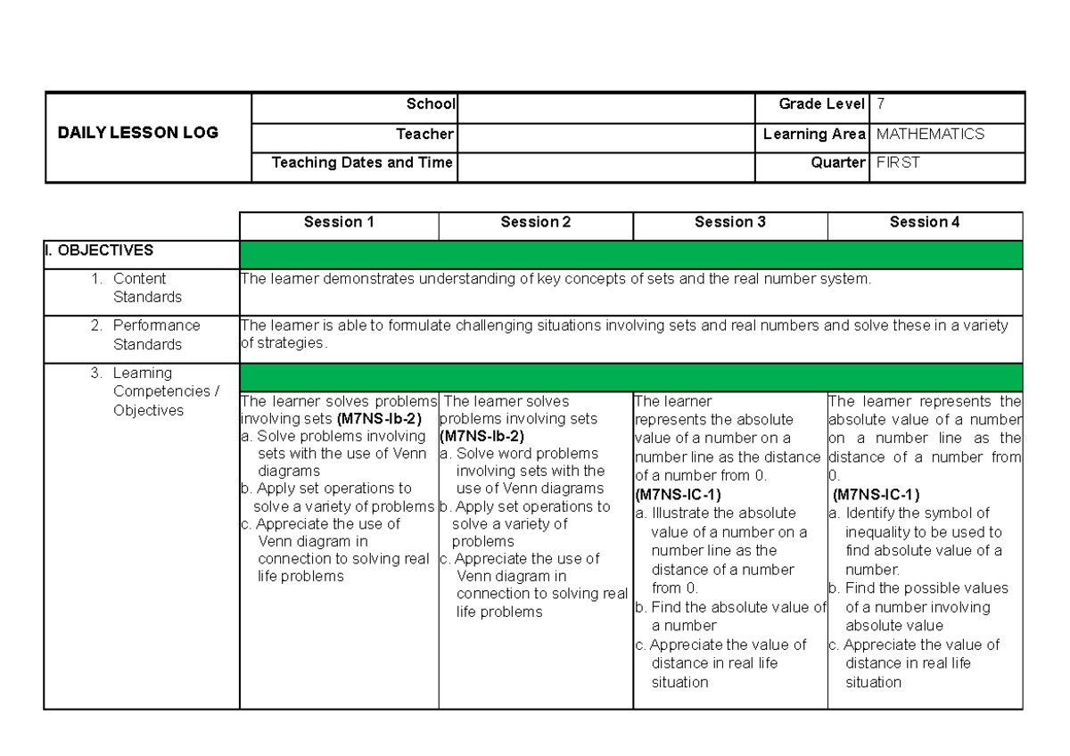 WEEK 3 - Mathematics Lesson Plan (Grade 7) on Sets and Absolute Value ...