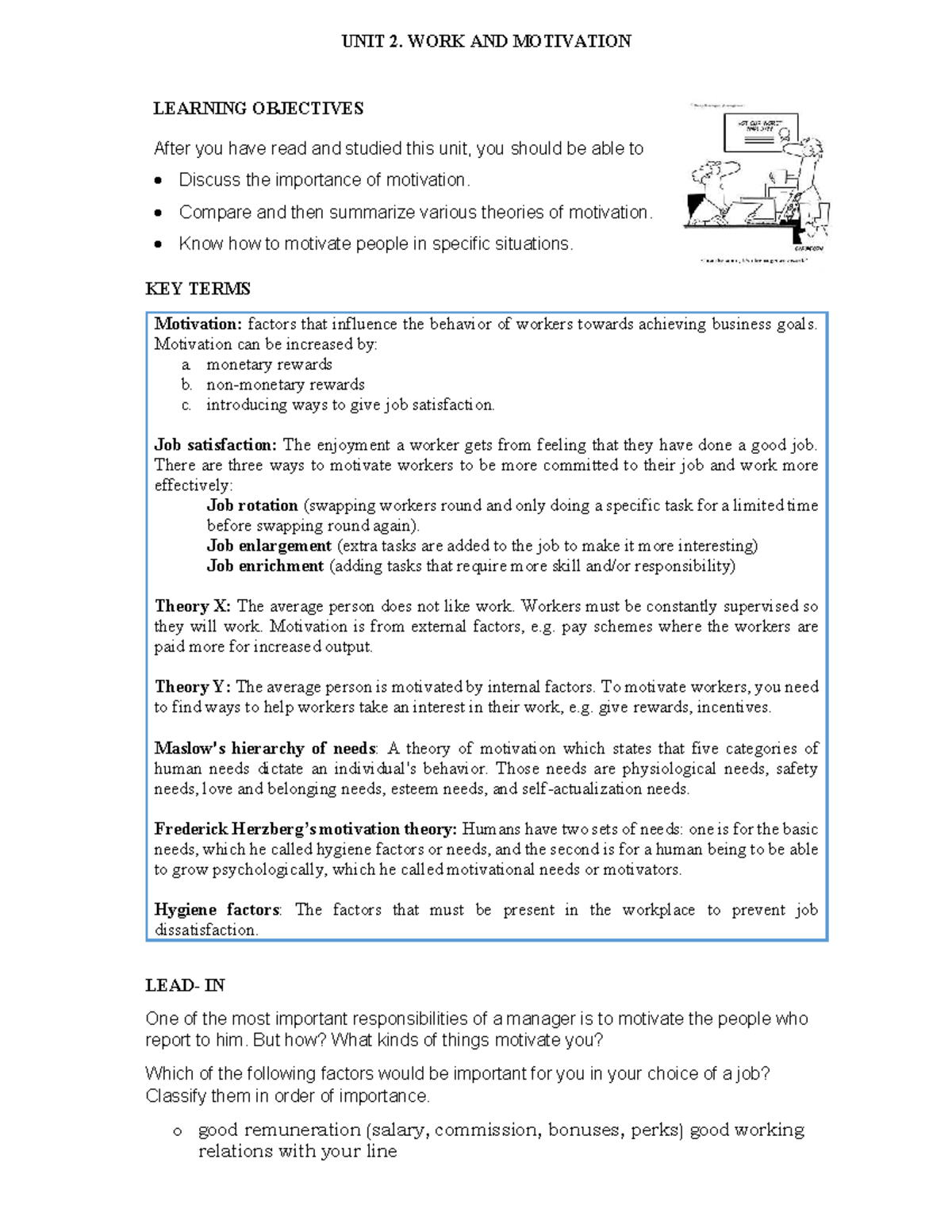 UNIT 2: Work and Motivation - Key Theories and Strategies - Studocu