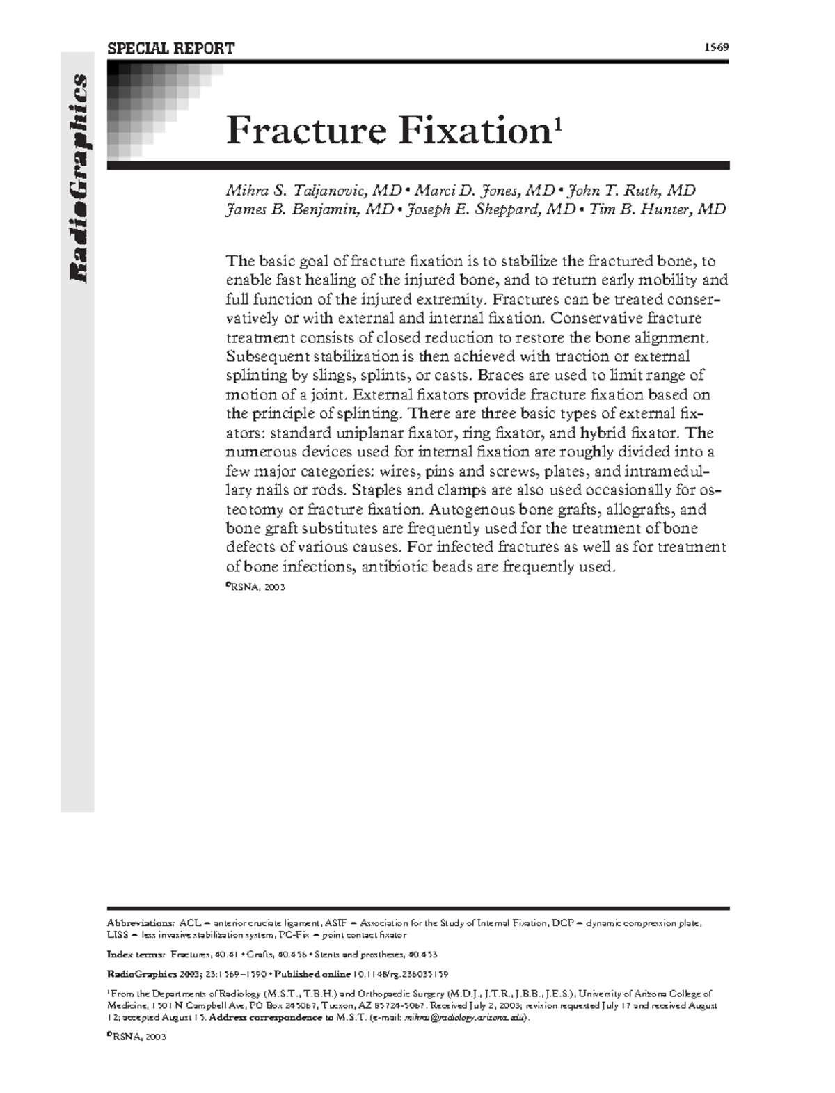 Fracture Fixation Techniques - Special Report 1569 by Taljanovic 2003 ...