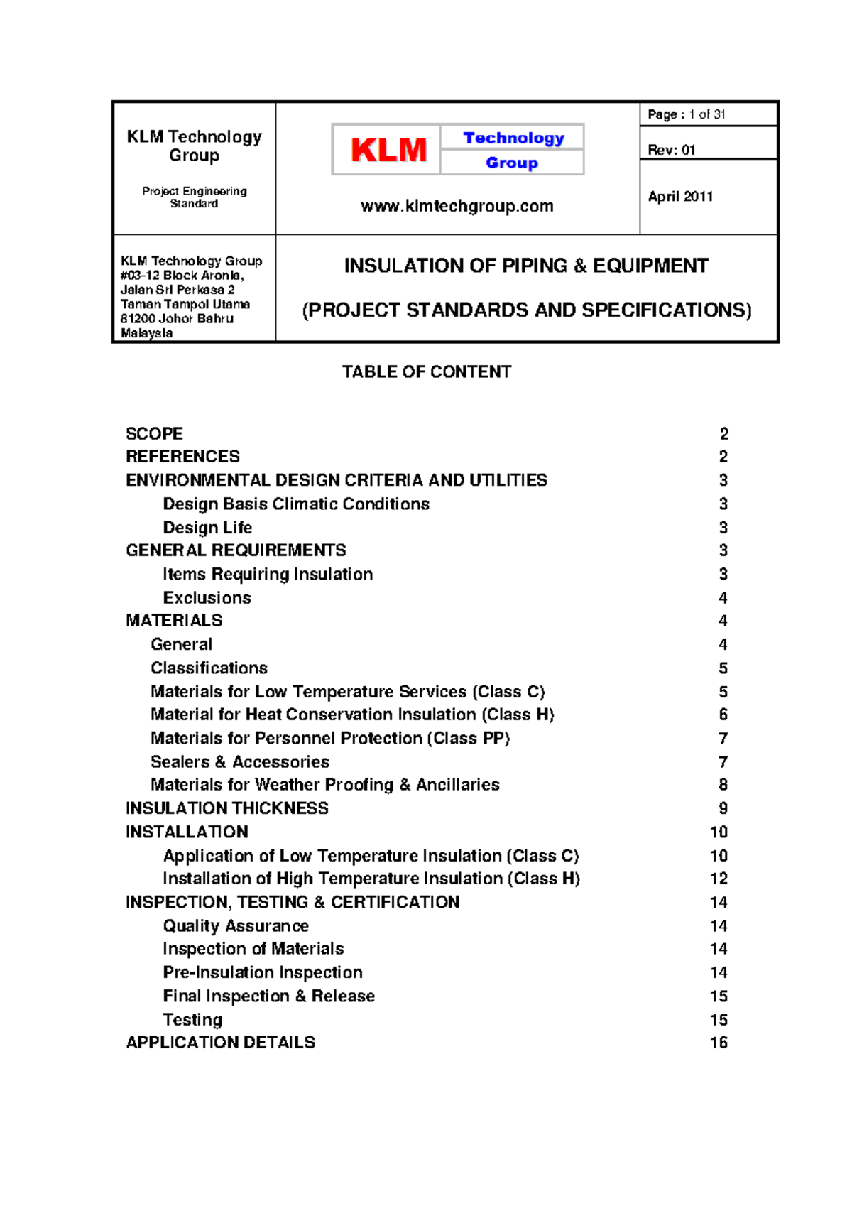 Project Standards & Specifications for Piping Insulation Design Rev01 ...
