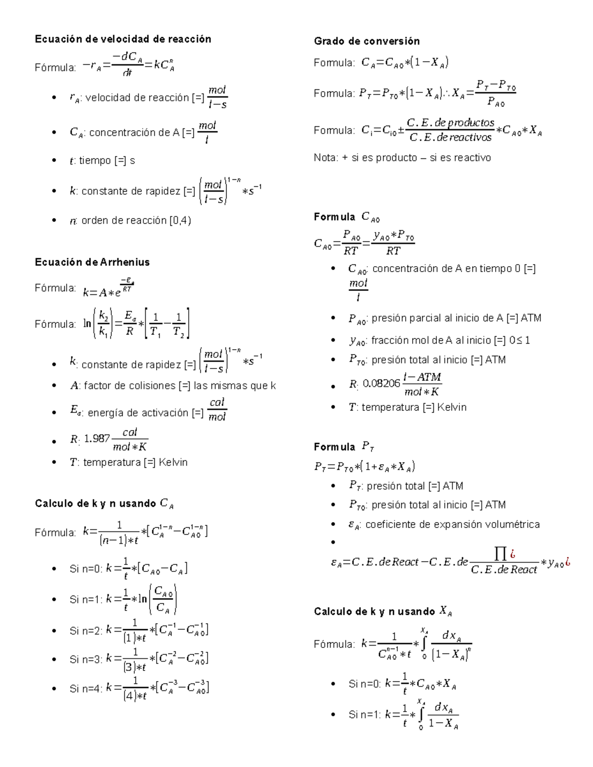 Formulario de Cinética Química: Ecuaciones y Cálculos - Studocu