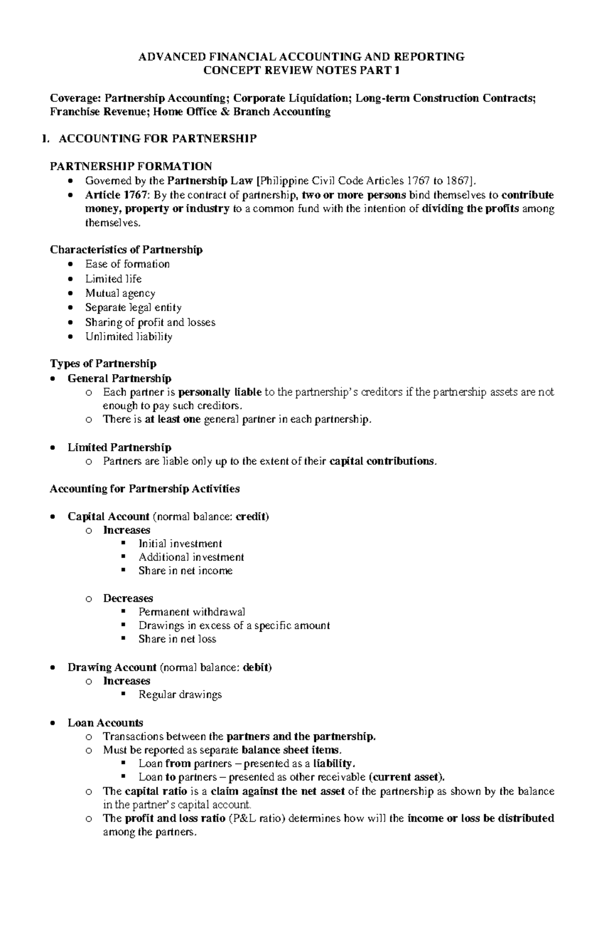 AFAR 2023: Concept Review Notes on Partnership Accounting & Liquidation ...