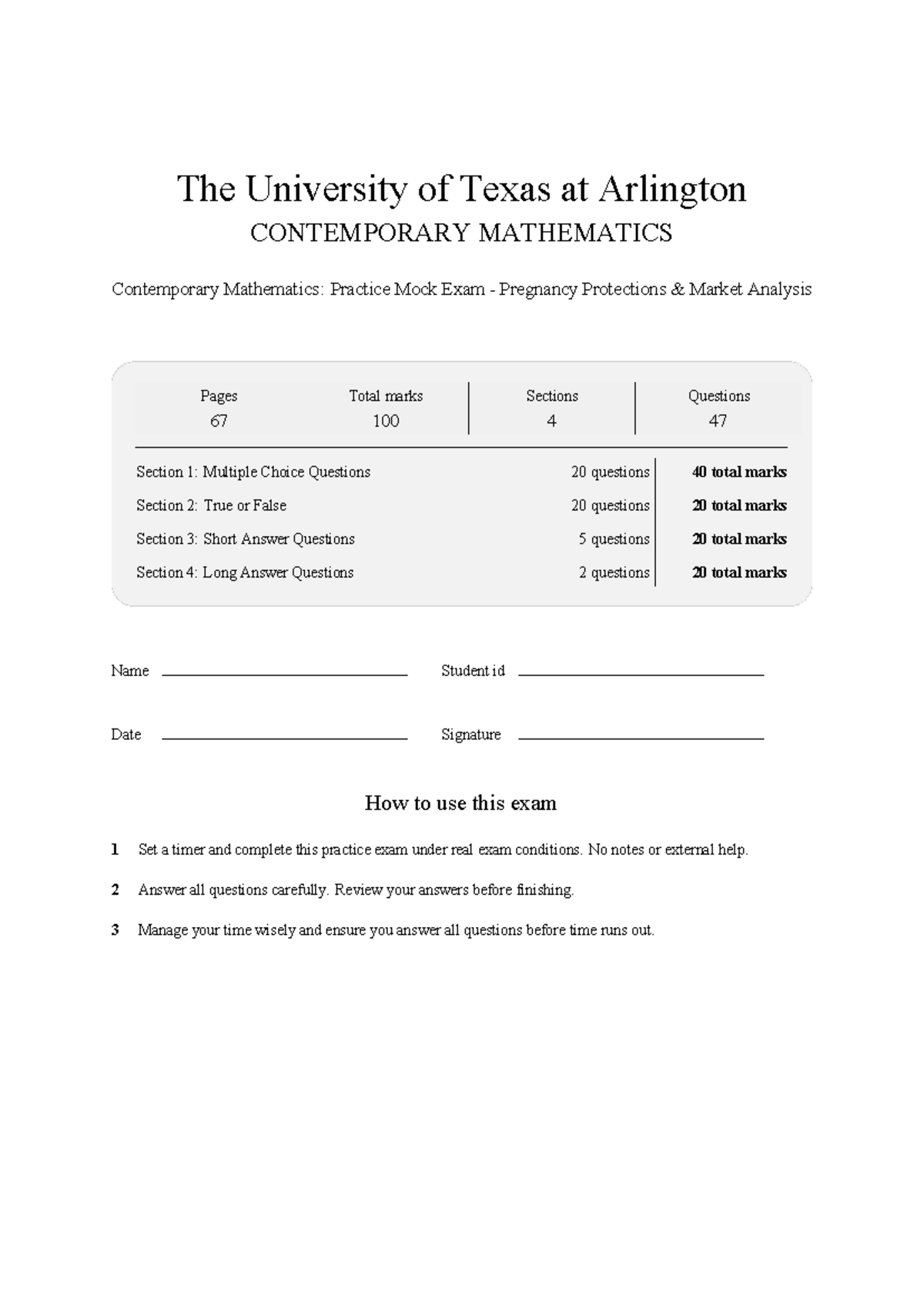 MATH 1301 CONTEMPORARY MATHEMATICS Practice Mock Exam 2026 - Studocu