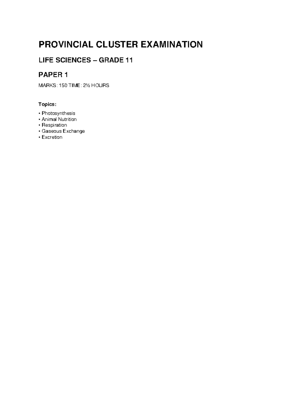 Life Sciences Grade 11 Provincial Cluster Exam Paper 1 - Studocu