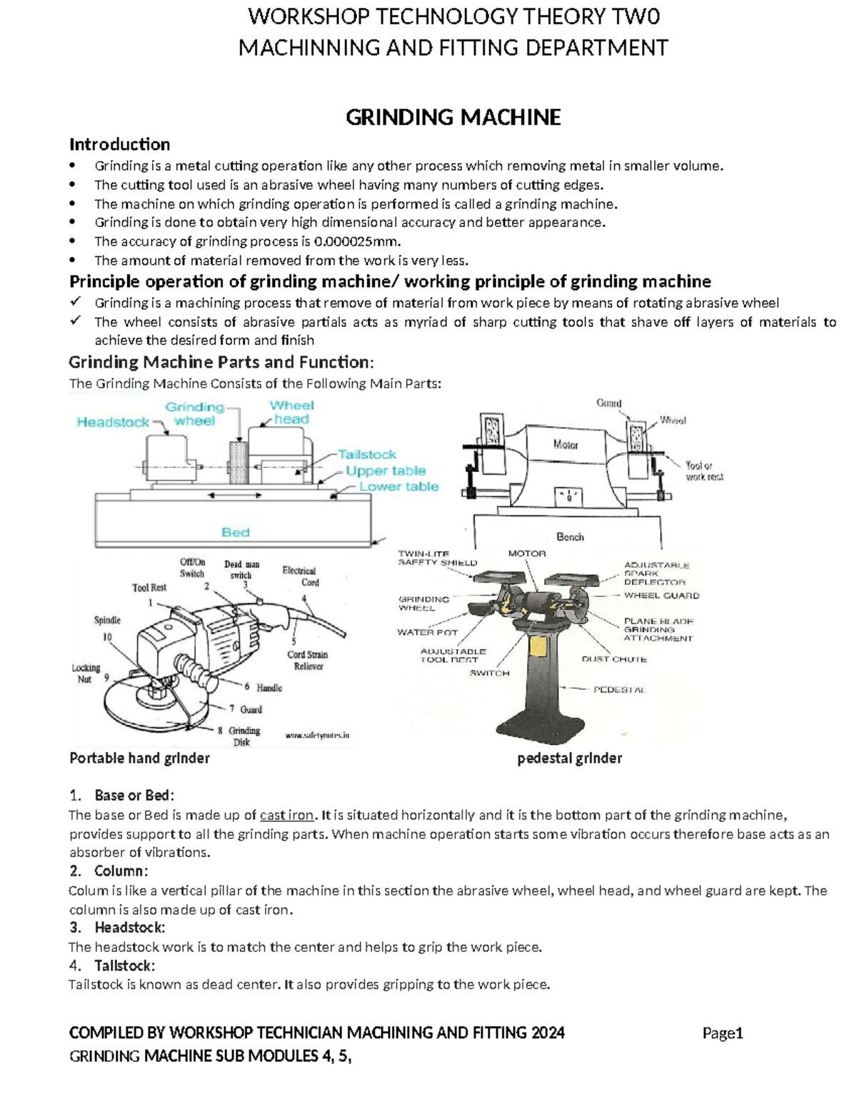 Grinding Machine Overview and Techniques (MECH-101) - Studocu
