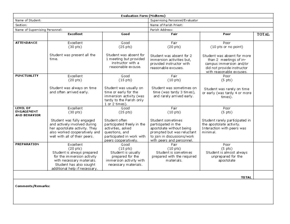 Parish Evaluation Form (Midterm) - Student Assessment Guide - Studocu
