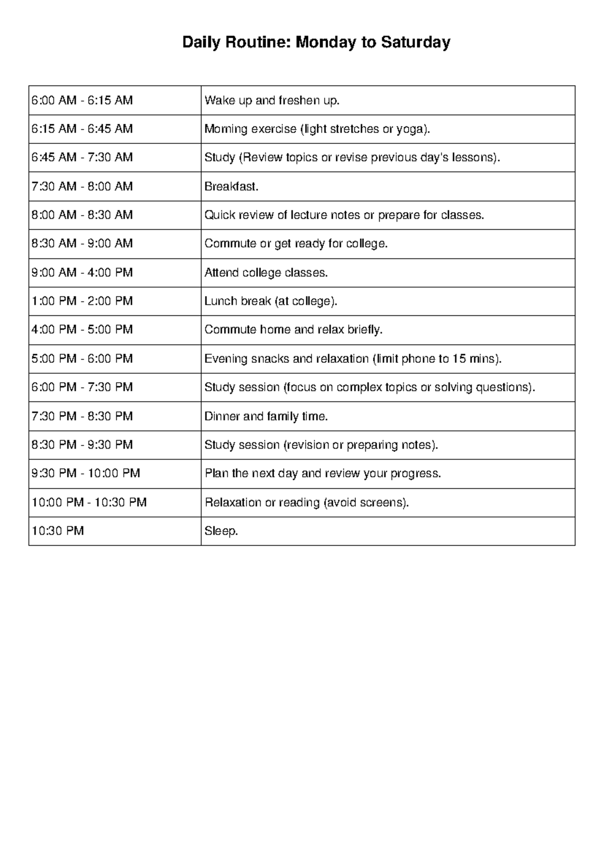 Daily Routine Time Table - Daily Routine: Monday to Saturday 6:00 AM ...