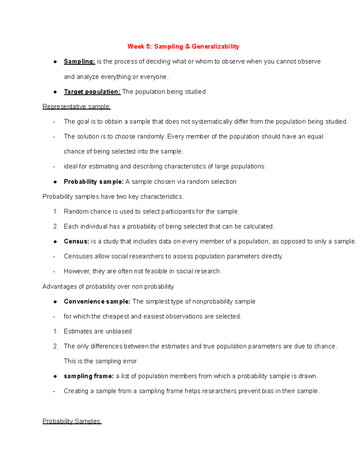SOC 301 WK5 - SOC 301 lecture nts - Week 5: Sampling & Generalizability ...