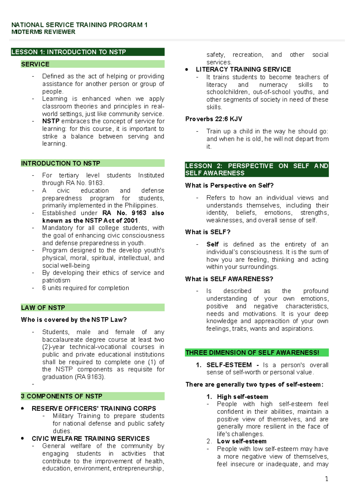 NSTP 1 Midterm Reviewer: Key Concepts and Self-Awareness Insights - Studocu