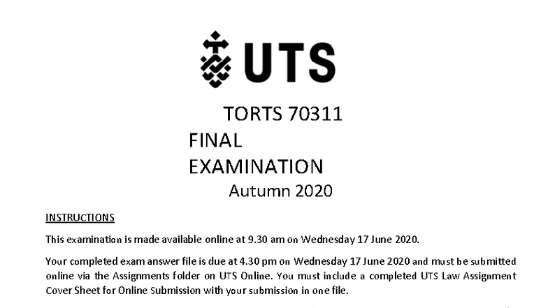 TORTS 70311 TAKE HOME EXAM Autumn 2020 Instructions and Guidelines ...