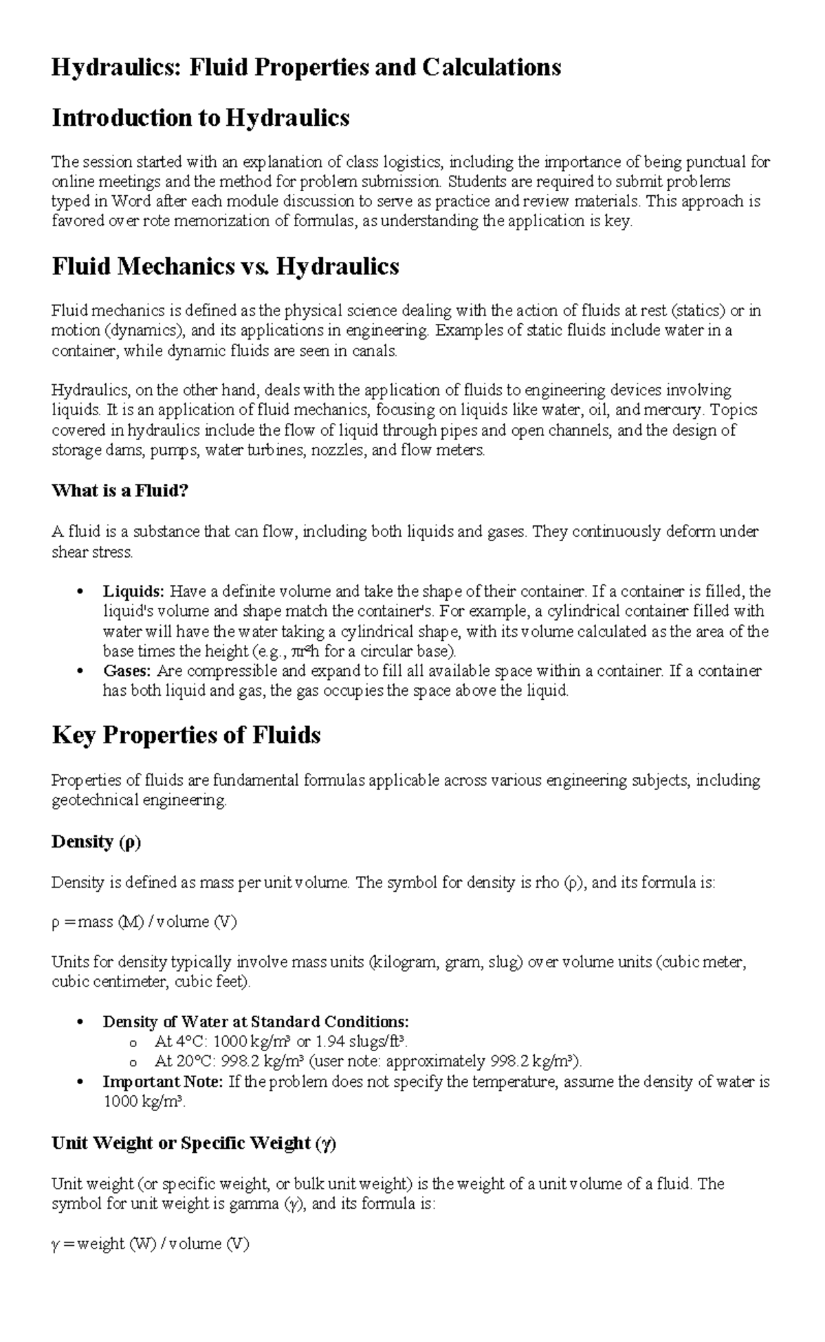 Hydraulics (ENG 101): Fluid Properties & Calculations Overview - Studocu