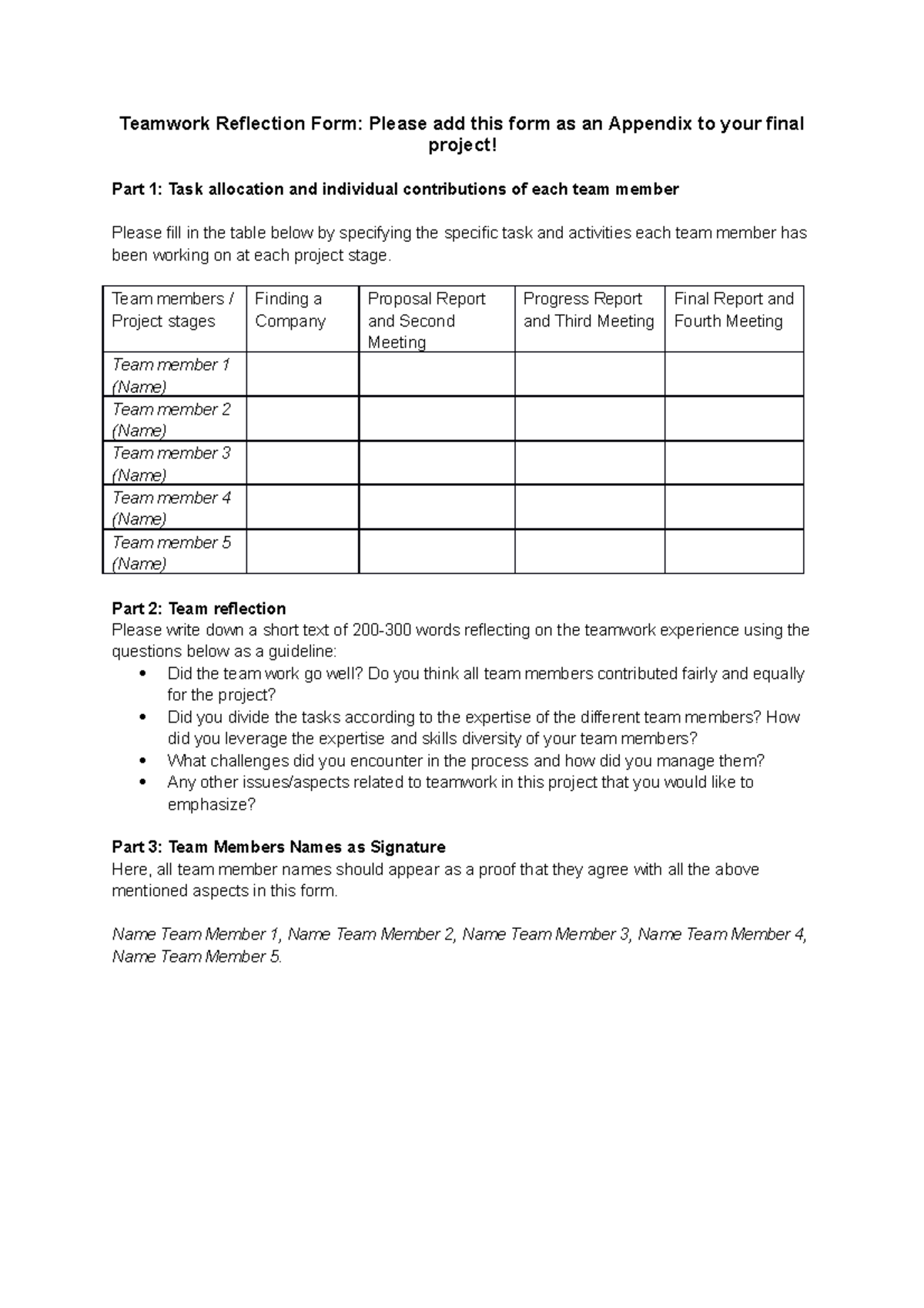 Teamwork Reflection Form for Final Project: Contributions & Insights ...