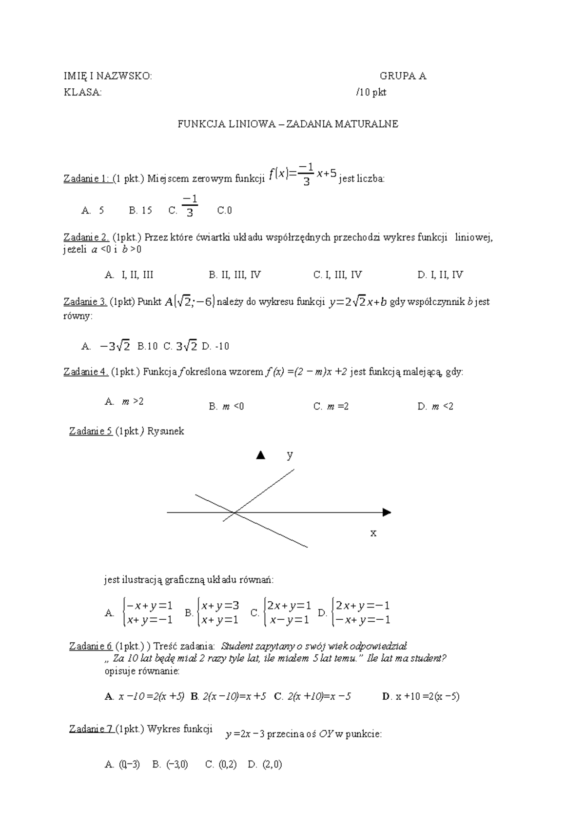 Sprawdzian Funkcja Liniowa Nowa Era 2014 www.studocu.com