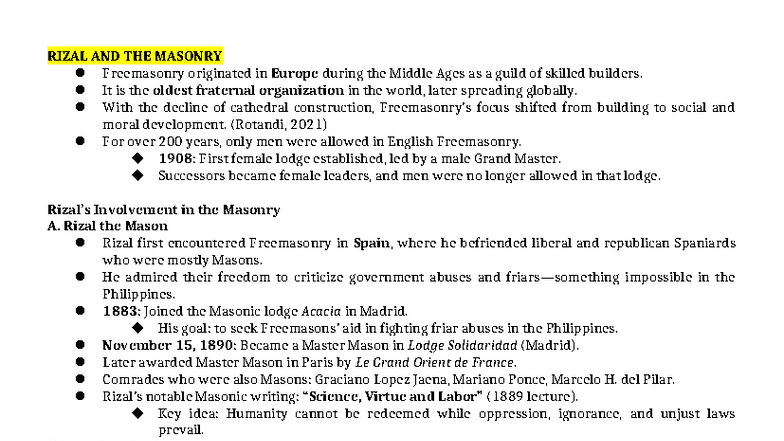 RIZAL AND MASONRY: Exile, Trial, and Death Insights - Studocu