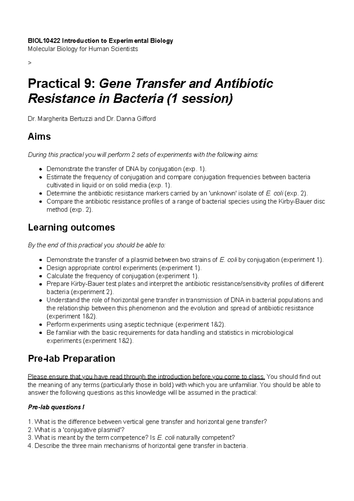 BIOL10422 Practical 9: Gene Transfer & Antibiotic Resistance in E. coli ...