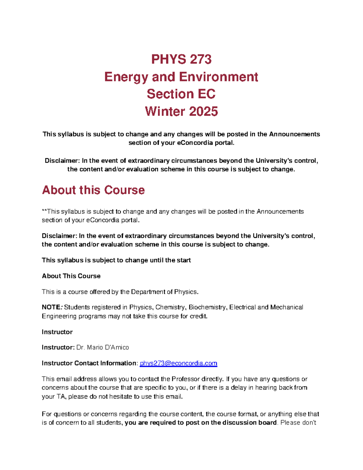 PHYS 273 - Winter 2025 Course Outline: Energy and Environment - Studocu