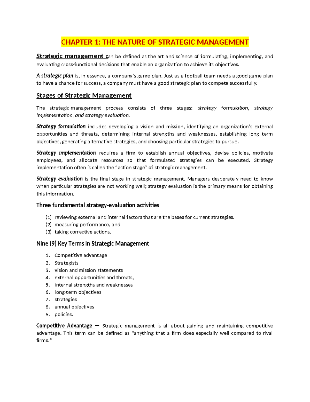Strategic Management Review: Key Concepts and Processes - Studocu