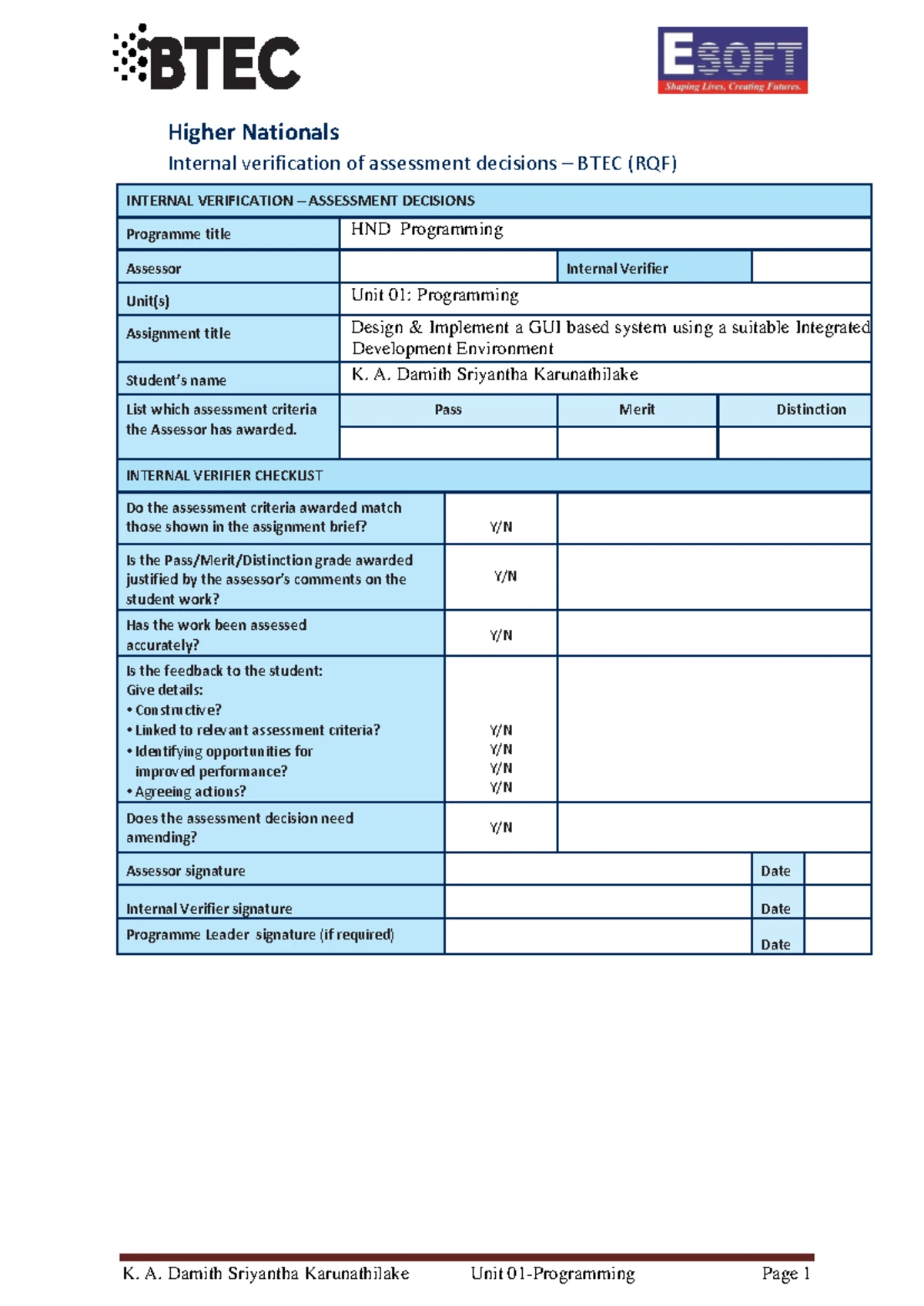 BTEC HND Computing Unit 01 Programming assignment feedback form - Studocu
