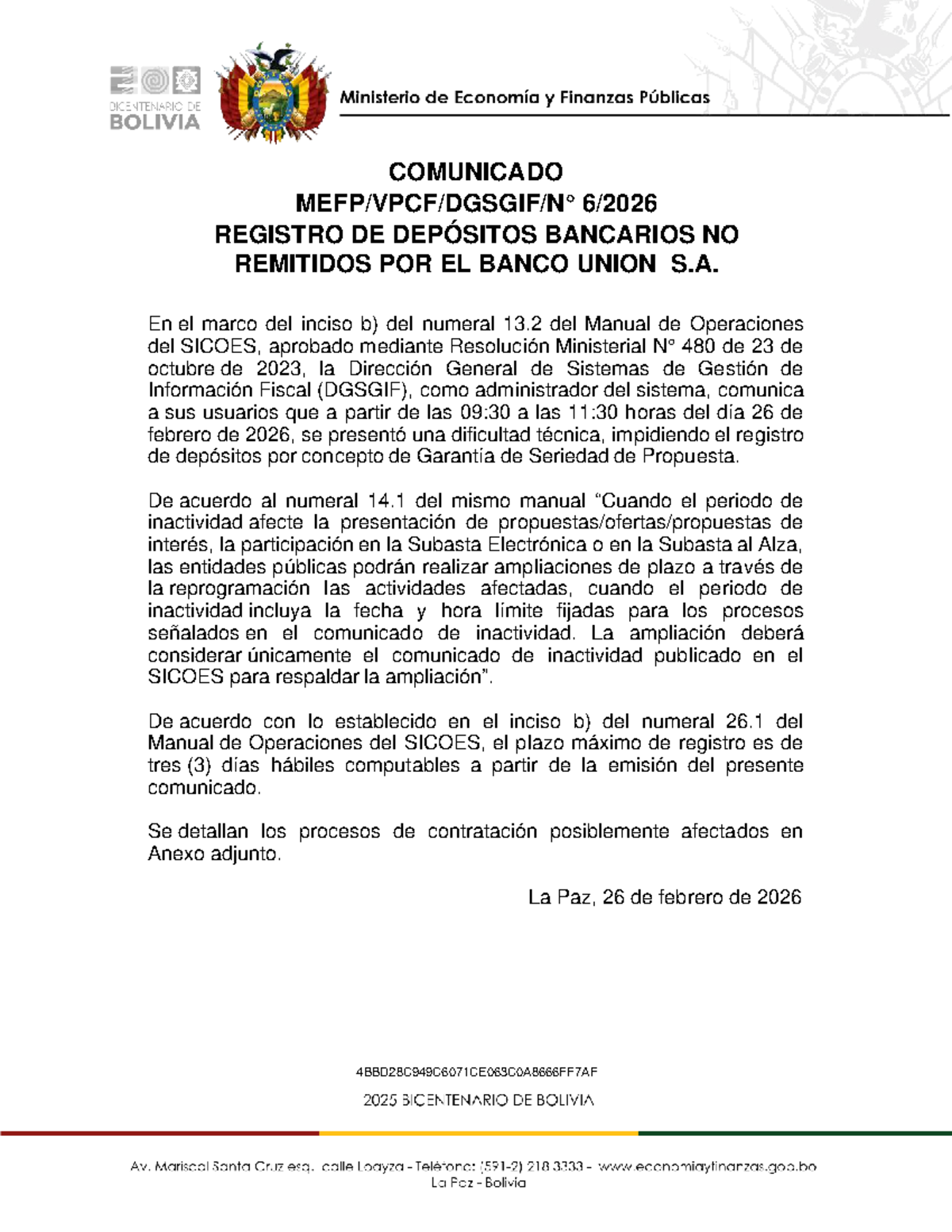 COMUNICADO MEFP VPCF Dgsgif N° 6: Inactividad en Depósitos 2026 - Studocu