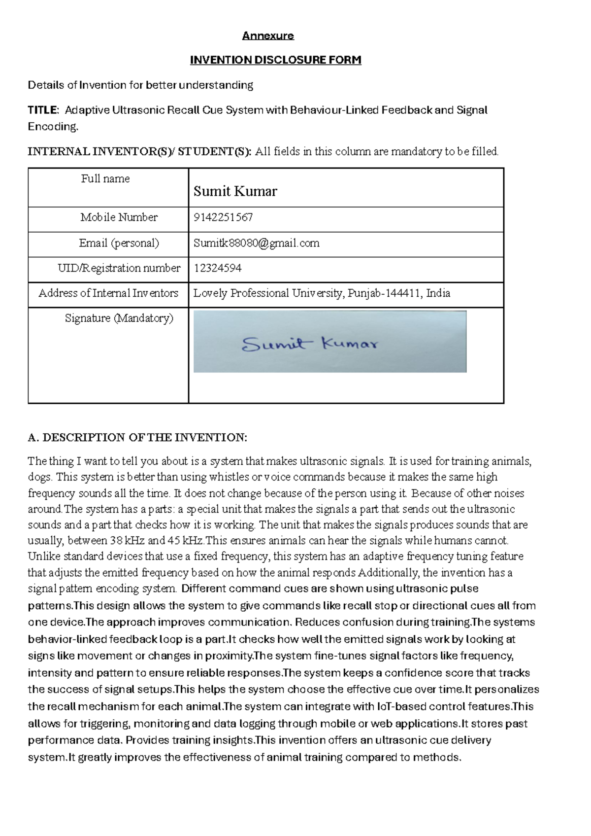 Adaptive Ultrasonic Recall Cue System (AURCS) - Invention Disclosure ...