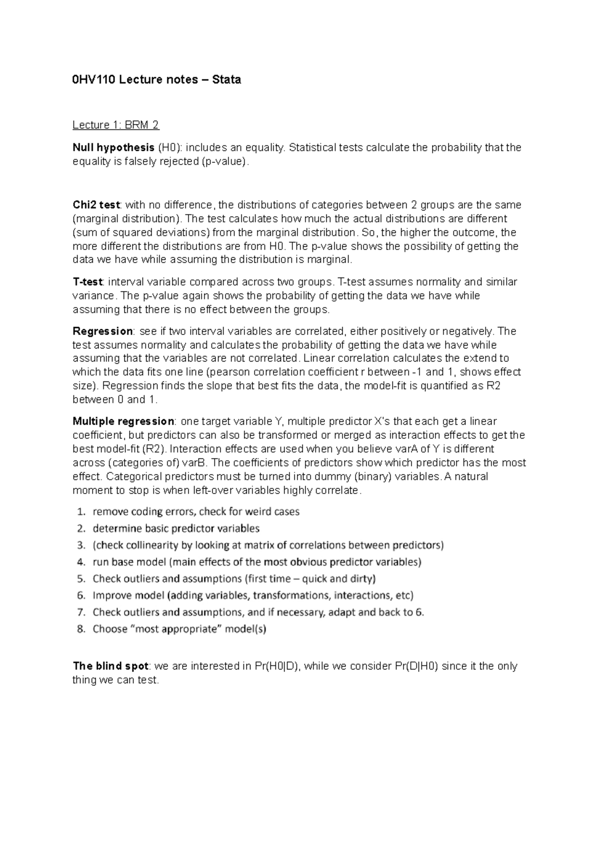 0HV110 Lecture Notes: Essential Stata Techniques and Regression Models ...