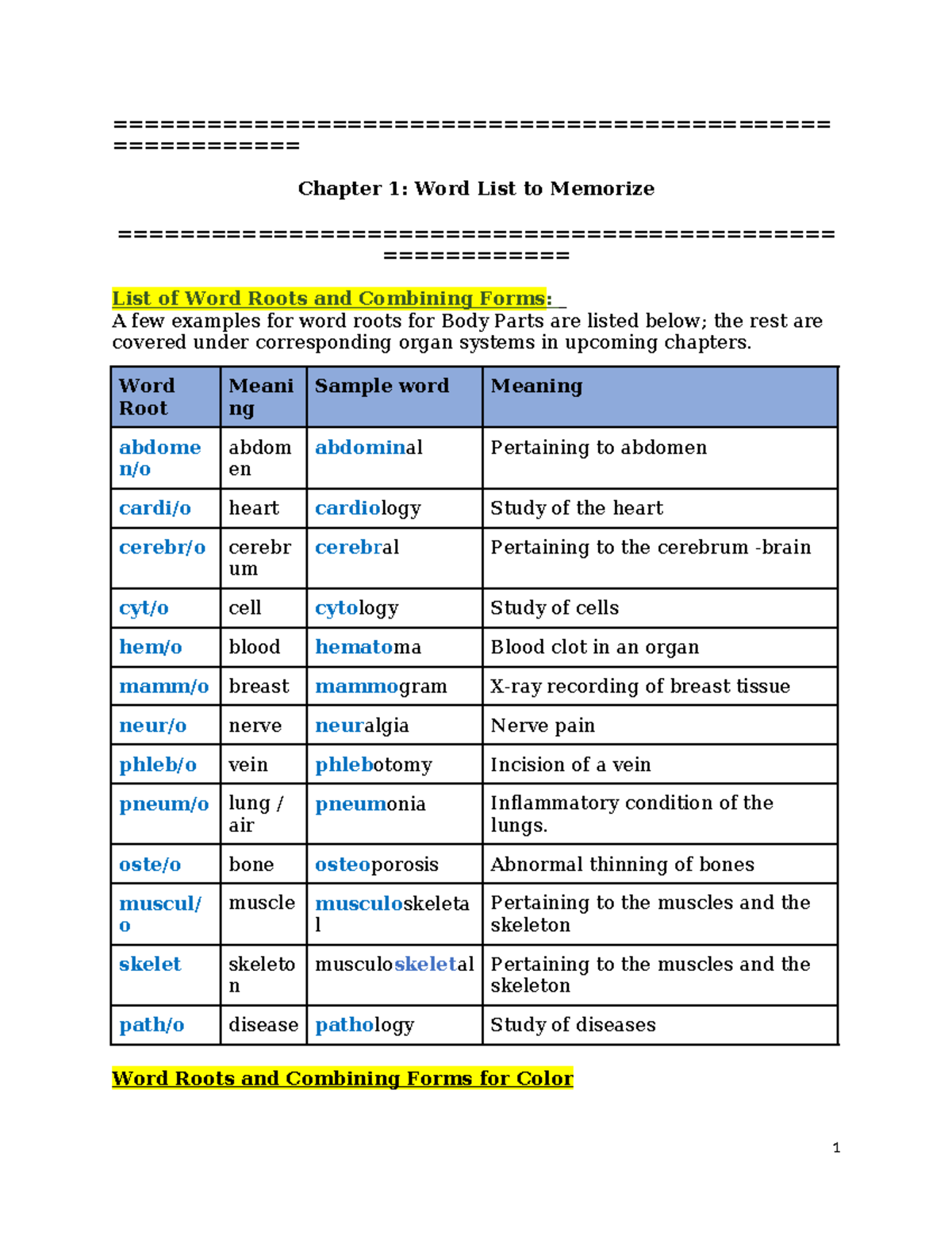 Chapter 1: Key Medical Word Roots and Combining Forms to Memorize - Studocu