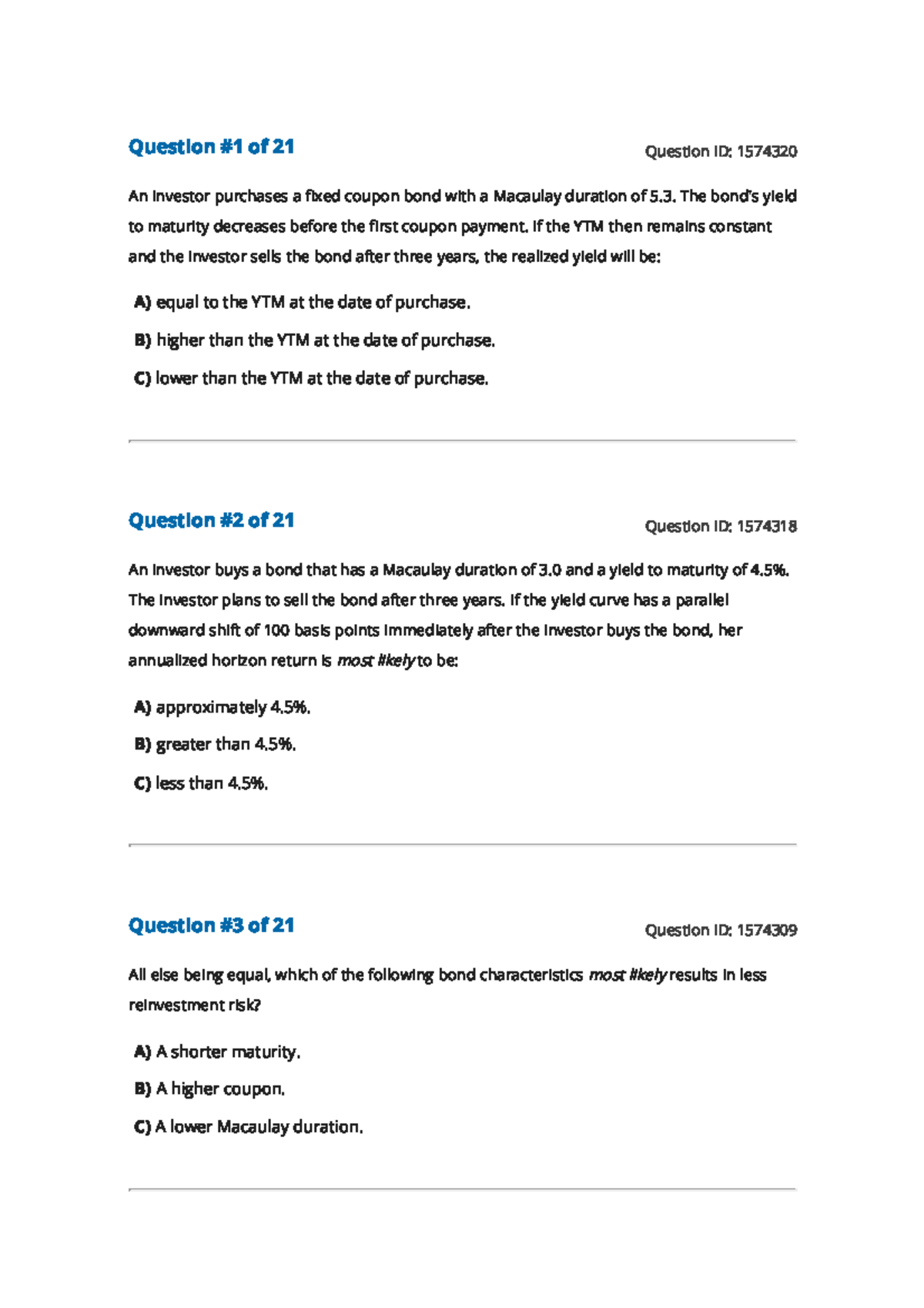 Reading 58 Interest Rate Risk and Return - An investor purchases a ...