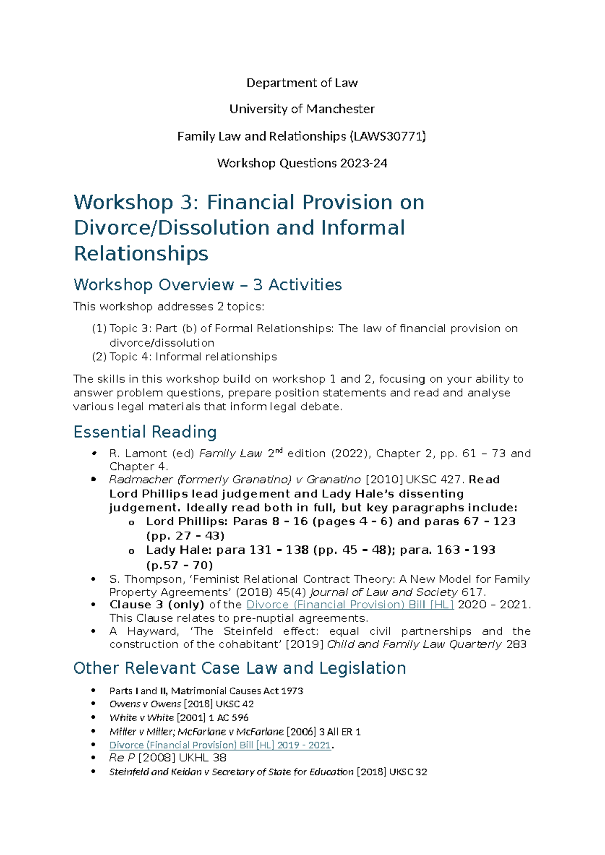 LAWS30771 Family Law Workshop 3: Financial Provision & Informal ...