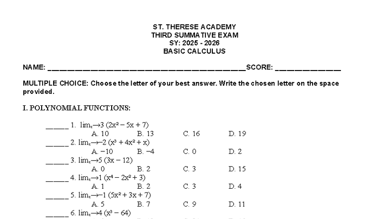 ST. THERESE ACADEMY BASIC CALCULUS 3RD SUMMATIVE EXAM SY: 2025-2026 ...