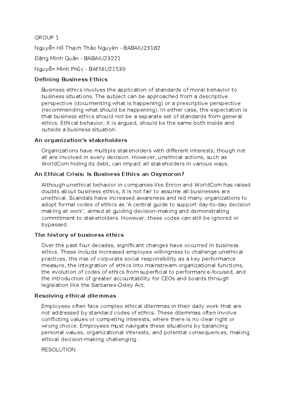 Summary of Chapter 2: Business Ethics Concepts and Challenges - Studocu
