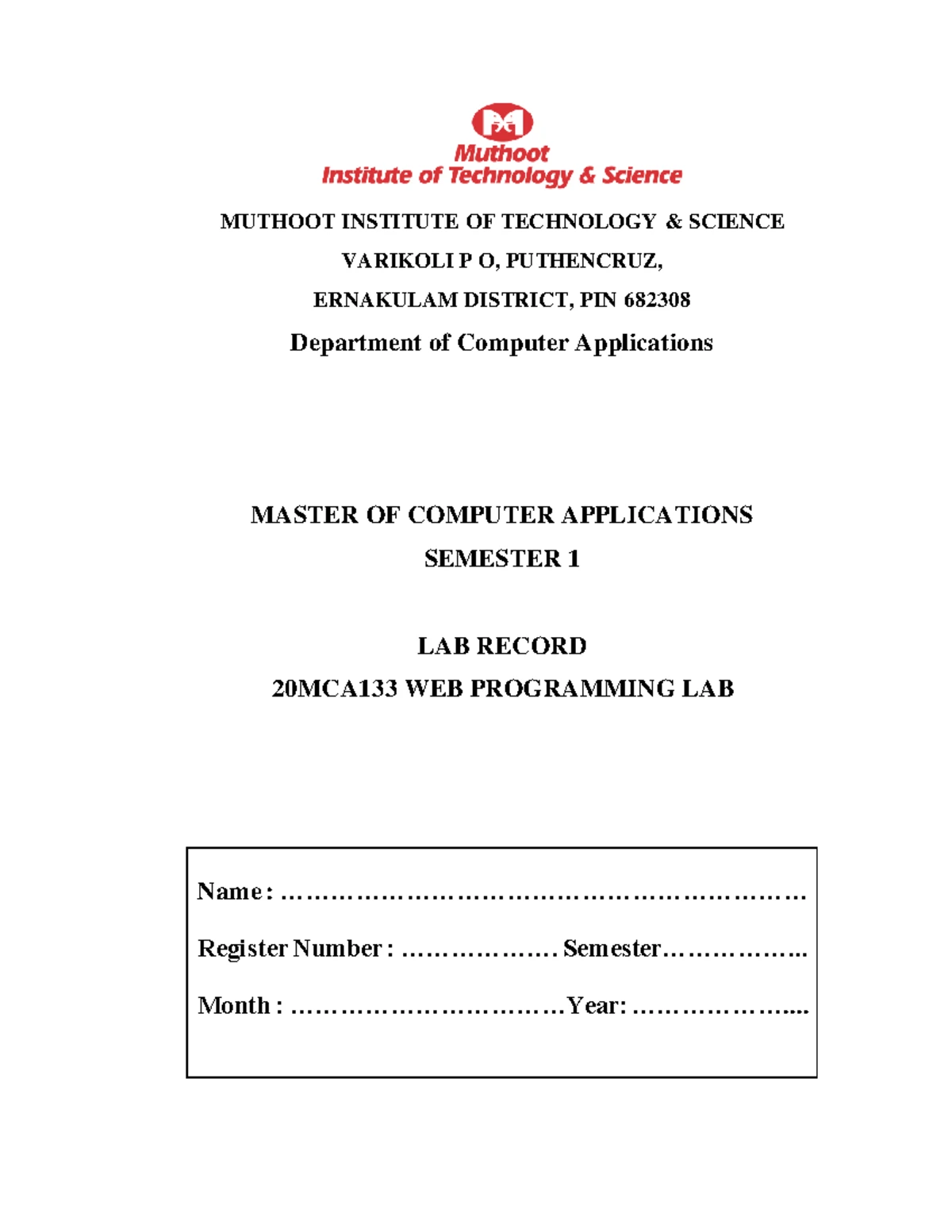 20MCA133 Web Programming Lab Record: PHP & MySQL Applications - Studocu