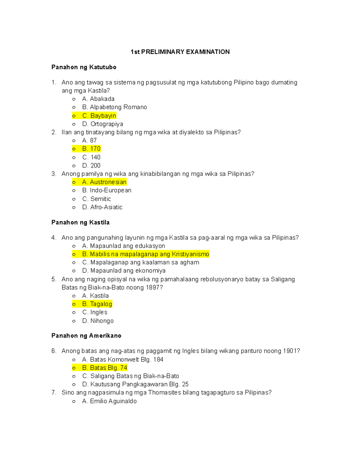 1st preliminary examination wika: mga tanong at sagot - Studocu