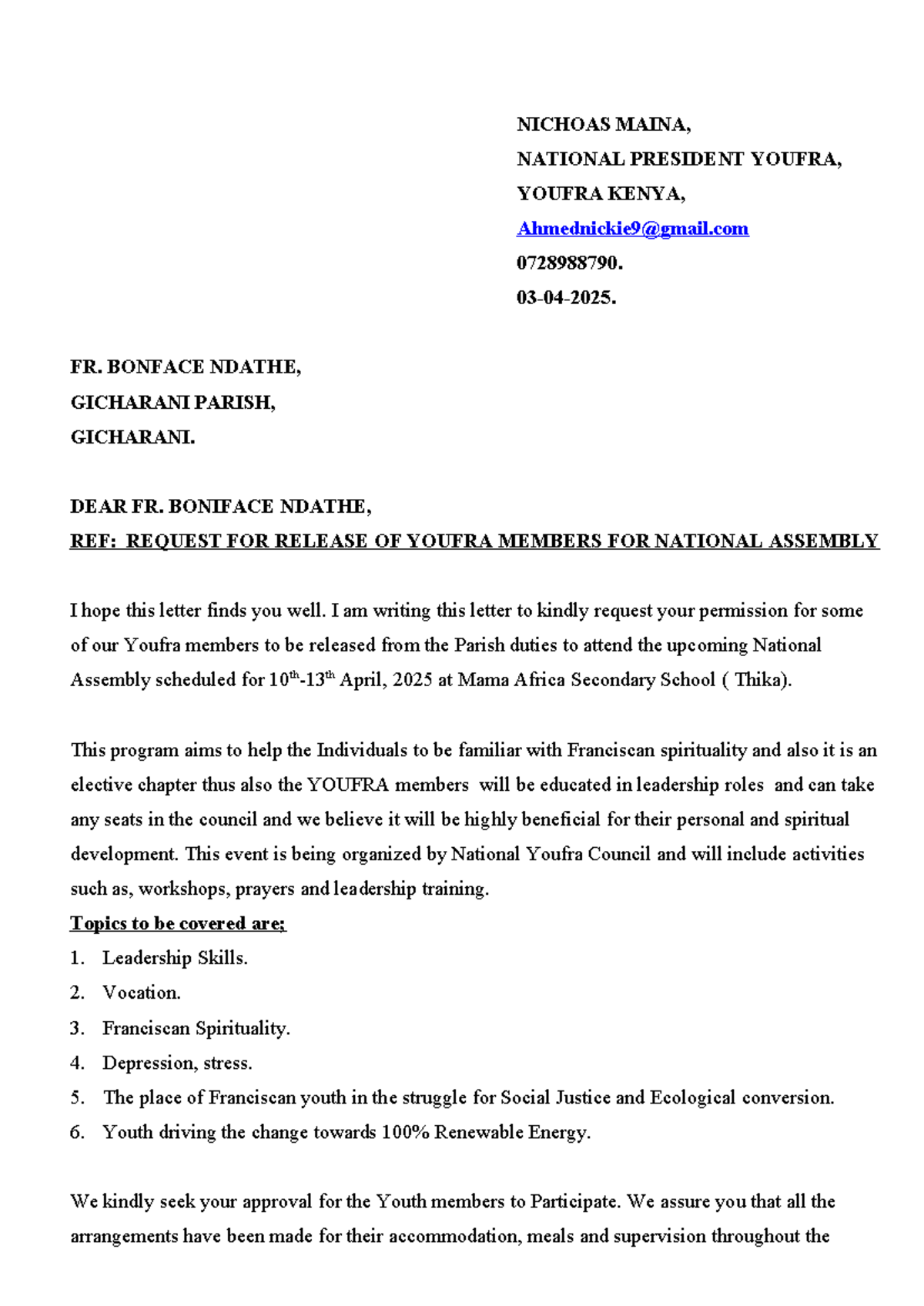 YOUFRA National Assembly Request Letter - Gicharani Parish - Studocu