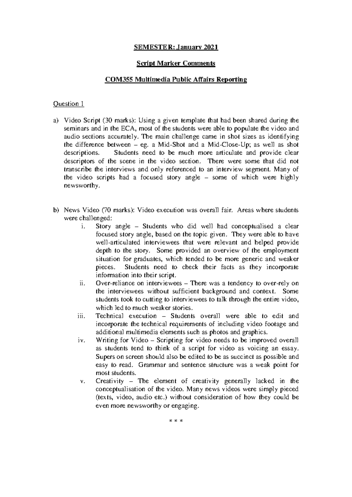 COM355 Script Marker Comments Jan21 - SEMESTER: January 2021 Script ...