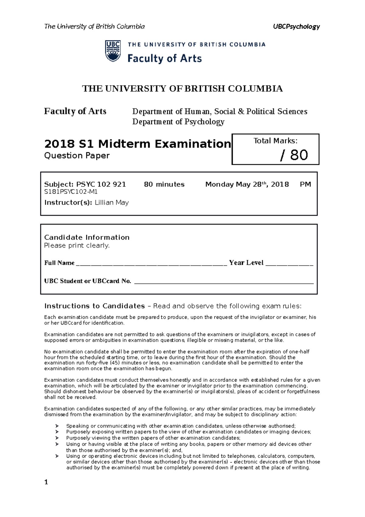 2018 PSYC 102 Midterm Exam Sample with Questions & Answers - Studocu