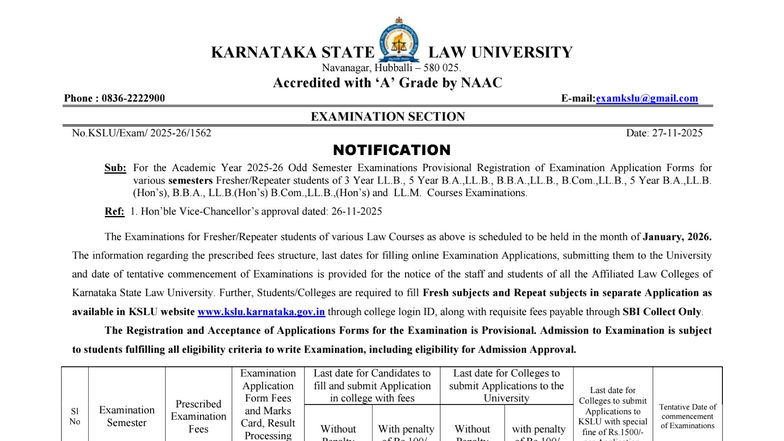 KSLU Notification for 2025-26 Odd Semester Exam Registration - Studocu