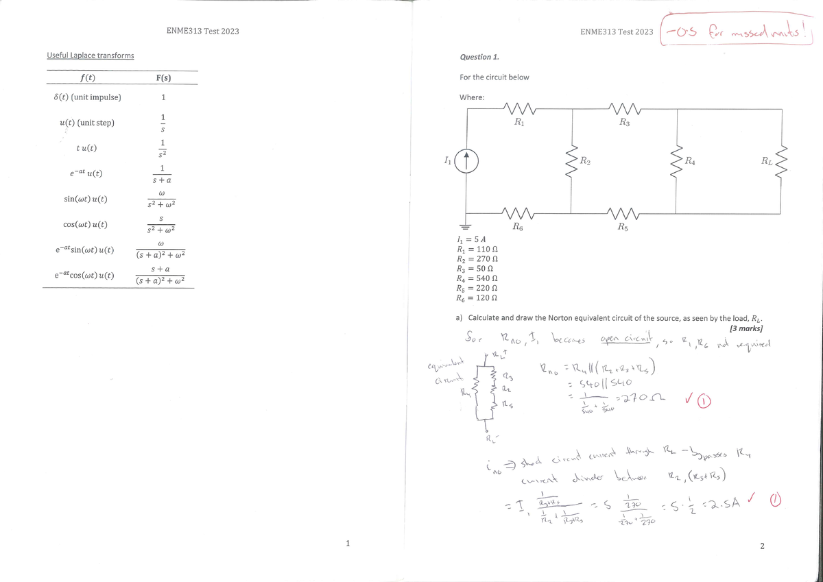 ENME313 Test 2023 Model Answers and Solutions for Circuit Analysis ...